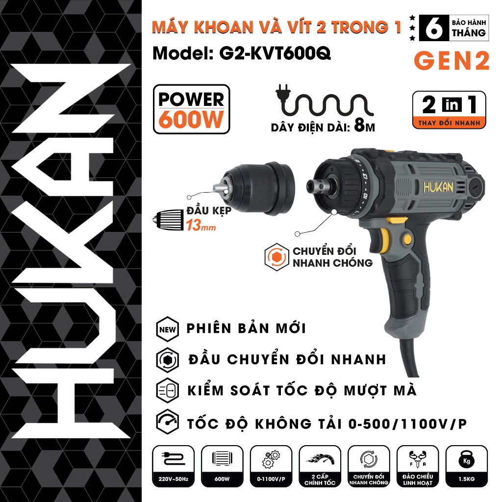Máy Khoan Điện HUKAN G2-KVT600Q| Đầu kẹp kim loại, 21 Cấp Trượt, Bắt Vít, Thay đầu vặn vít,đầu kẹp 13mm[HÀNG CHÍNH HÃNG]