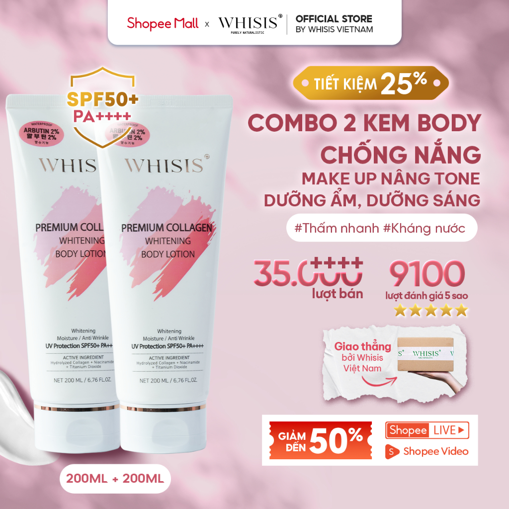 Ảnh Kem Body Dưỡng Trắng Da Chống Nắng Nâng Tone Tức Thì WHISIS Premium Collagen Whitening Body Lotion 200ml SPF50+ PA++++ 2