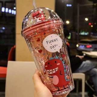 Bình nước khủng long 3D kim tuyến nhiều màu sắc (450ML), giữ nhiệt hai lớp kèm ống hút siêu cute