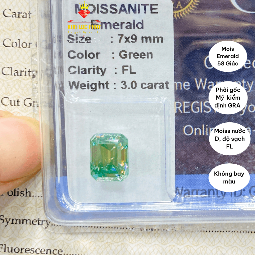 Moissanite nhân tạo Emerald 4x6-7x9mm, Kim cương Moissanite nhân tạo màu xanh 58 giác, Đá moissannite Mỹ, kiểm định GRA