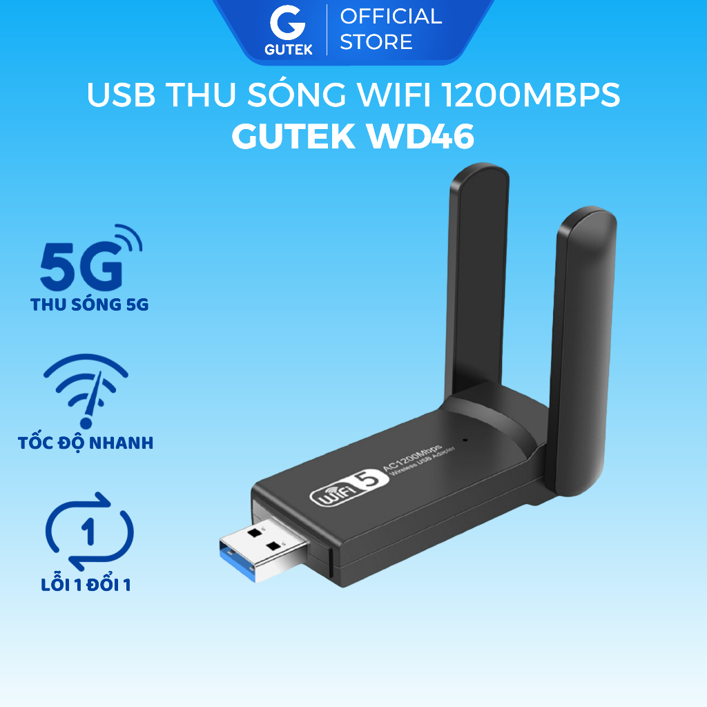 USB thu sóng wifi Gutek WD46 1200mbps 2 râu nâng cấp WiFi lên 5G cho ...
