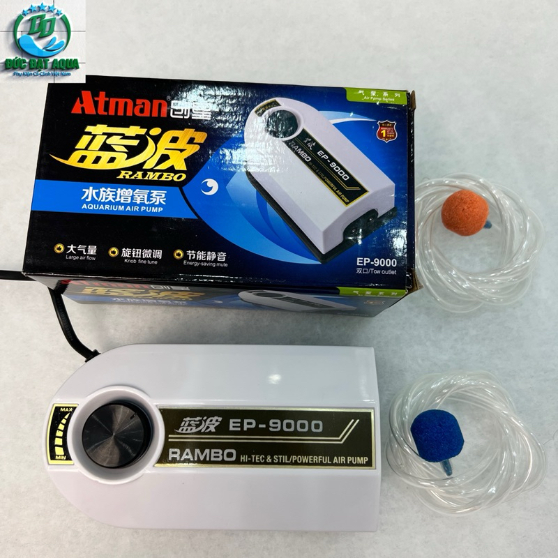 Máy sủi khí oxi Atman EP-9000 dùng cho bể cá siêu êm ,kèm 3m dây sủi và 2 quả sủi 4