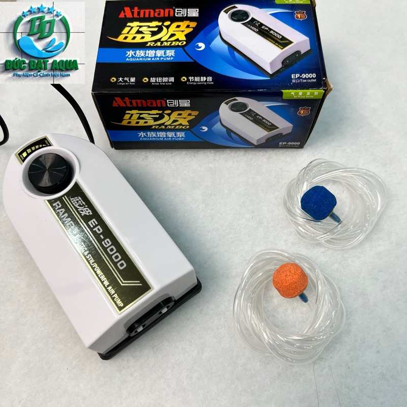 Máy sủi khí oxi Atman EP-9000 dùng cho bể cá siêu êm ,kèm 3m dây sủi và 2 quả sủi 9