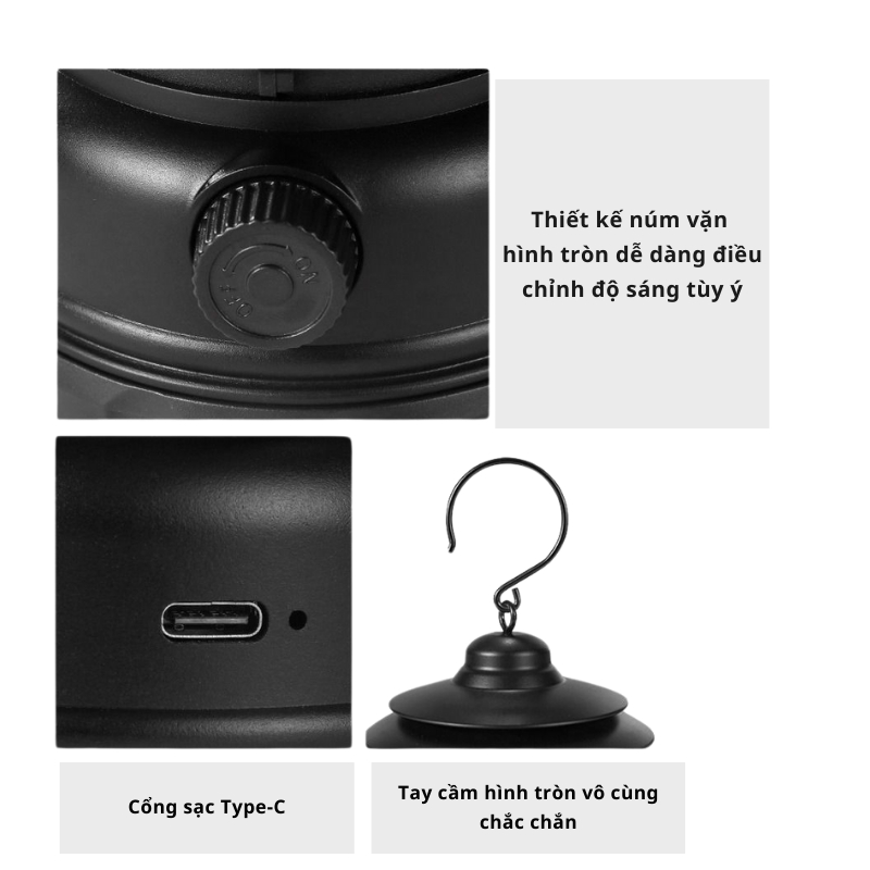 Đèn Cắm Trại Dã Ngoại Du lịch Dùng Pin Sạc USB Tích Điện 1200mAh, Ánh Sáng Vàng Trang Trí