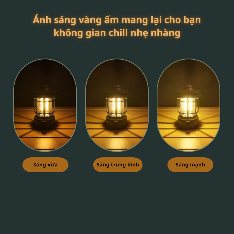 Đèn Cắm Trại Dã Ngoại Du lịch Dùng Pin Sạc USB Tích Điện 1200mAh, Ánh Sáng Vàng Trang Trí
