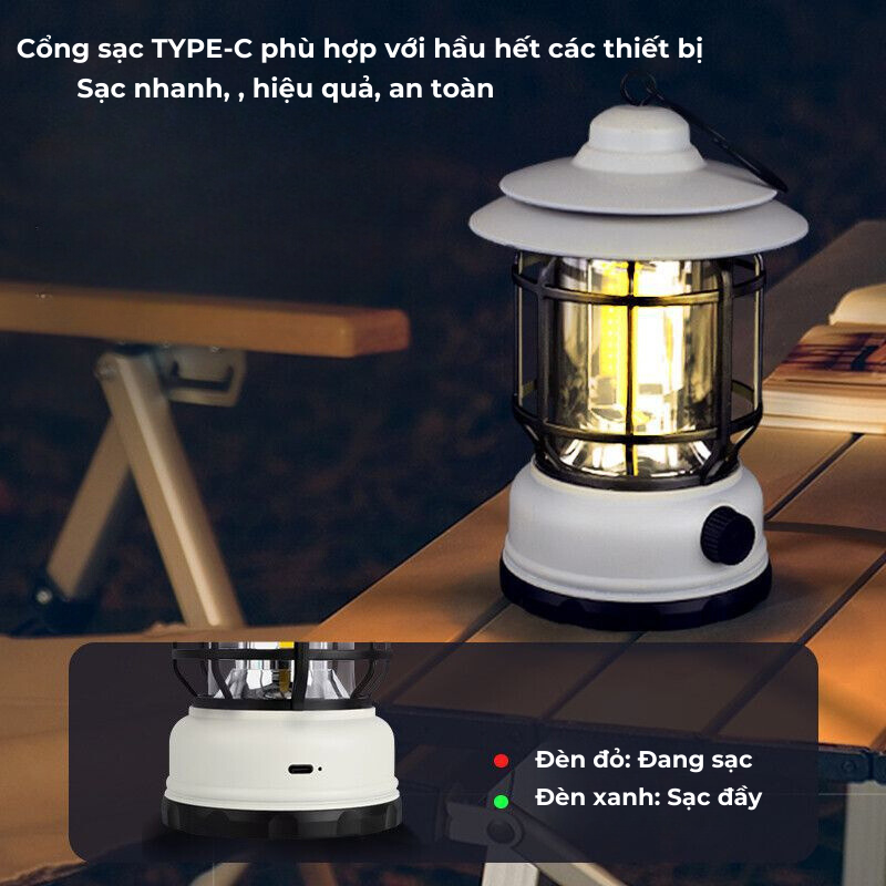 Đèn Cắm Trại Dã Ngoại Du lịch Dùng Pin Sạc USB Tích Điện 1200mAh, Ánh Sáng Vàng Trang Trí