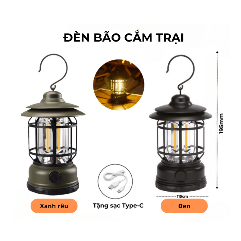 Đèn Cắm Trại Dã Ngoại Du lịch Dùng Pin Sạc USB Tích Điện 1200mAh, Ánh Sáng Vàng Trang Trí