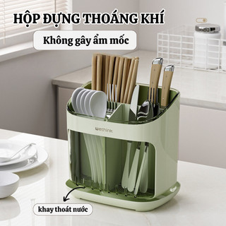 Hộp đựng đũa muỗng để bàn có khay hứng nước thoáng khí, Khay đựng đồ nhà bếp tiện lợi ngăn ẩm mốc