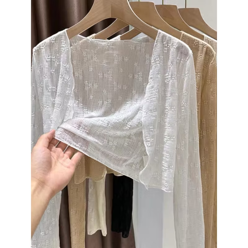 Áo khoác ren nữ, áo khoác nữ ren mỏng hoa nổi tay dài dáng croptop  phong cách Hàn quốc