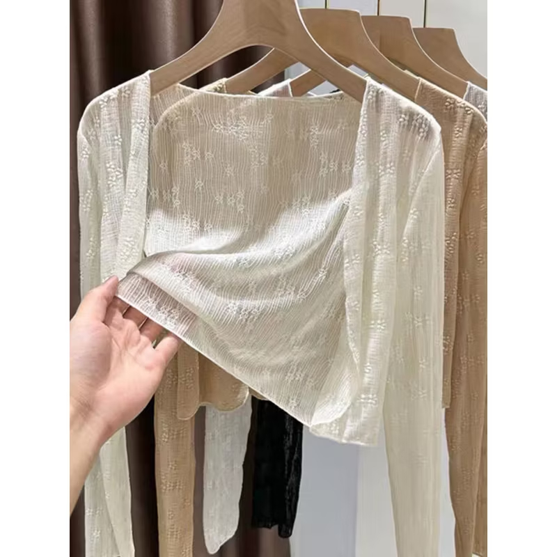Áo khoác ren nữ, áo khoác nữ ren mỏng hoa nổi tay dài dáng croptop  phong cách Hàn quốc
