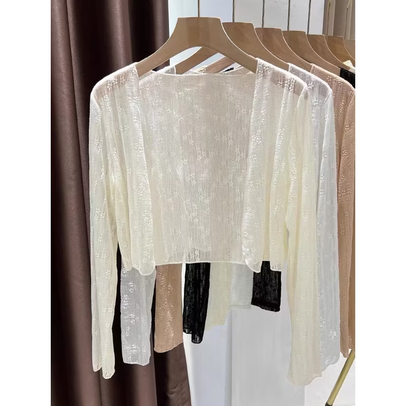 Áo khoác ren nữ, áo khoác nữ ren mỏng hoa nổi tay dài dáng croptop  phong cách Hàn quốc