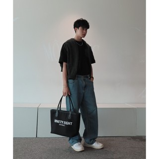 Túi tote 98stu logo Daily vải bố phối da cao cấp Canvas có dây kéo đeo vai