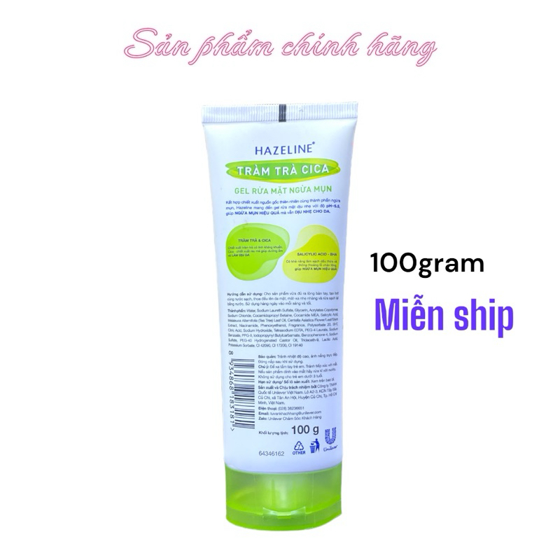 Gel Rửa Mặt Hazeline Tràm Trà Cica Ngừa Mụn BHA pH 5.5 – Làm Sạch Sâu, Dịu Nhẹ Cho Da Dầu Mụn 100g