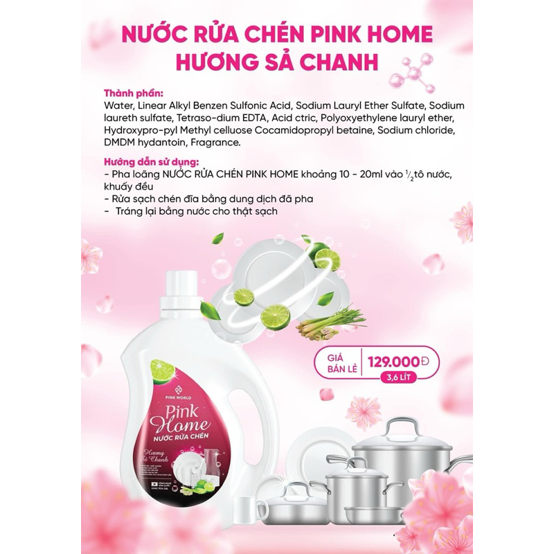 NƯỚC RỬA CHÉN PINK HOME HƯƠNG SẢ CHANH - MUA 1 CAN TẶNG 1 NƯỚC RỬA TAY (Can to 3,6 lít)