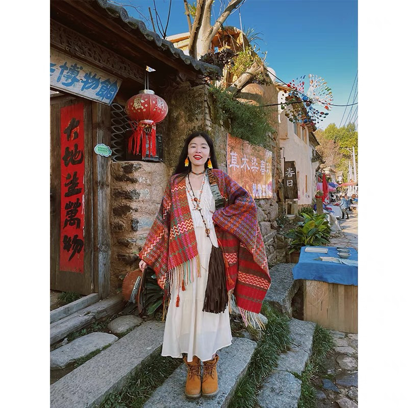 Khăn áo choàng boho thổ cẩm nữ thu đông Áo choàng len dạ dày poncho khoác ngoài