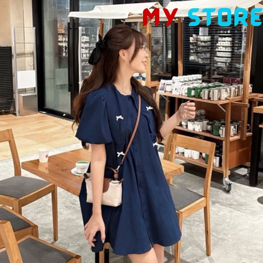 Váy babydoll cổ nhọn to tay bồng cộc dáng rộng gắn nơ cute Đầm sơ mi dễ thương