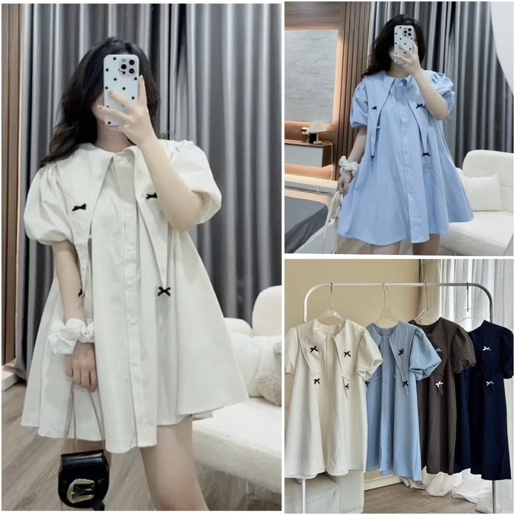 Váy babydoll cổ nhọn to tay bồng cộc dáng rộng gắn nơ cute Đầm sơ mi dễ thương