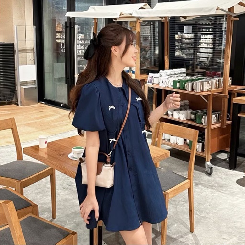 Váy babydoll cổ nhọn to tay bồng cộc dáng rộng gắn nơ cute Đầm sơ mi dễ thương