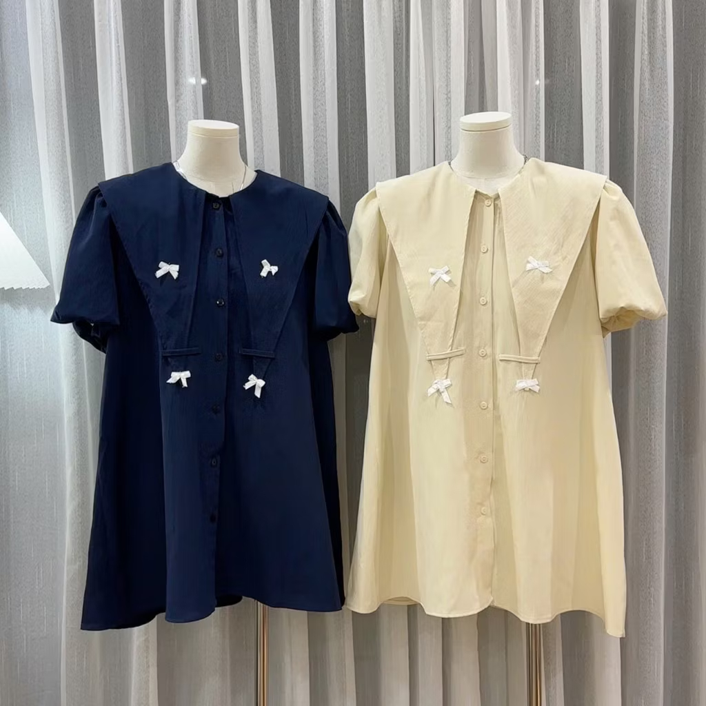 Váy babydoll cổ nhọn to tay bồng cộc dáng rộng gắn nơ cute Đầm sơ mi dễ thương