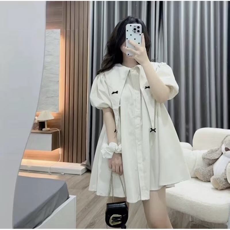 Váy babydoll cổ nhọn to tay bồng cộc dáng rộng gắn nơ cute Đầm sơ mi dễ thương