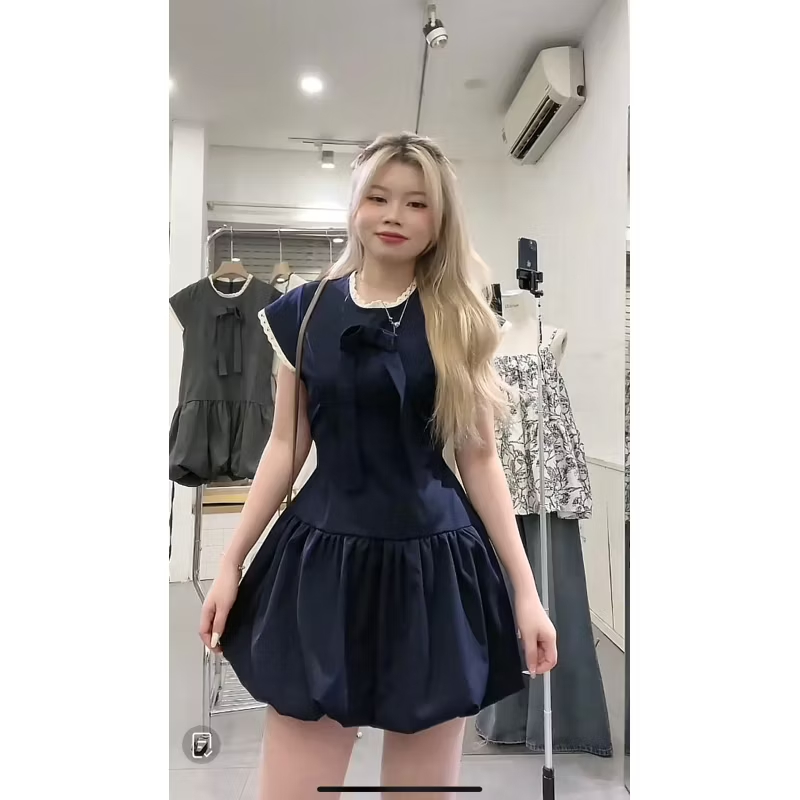 Váy bí đính nơ phối ren dáng ngắn dây buộc eo kèm quần bảo hộ rời, đầm tiểu thư dự tiệc đi chơi xinh xắn