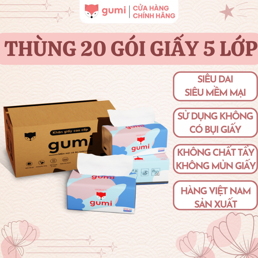 Thùng 20 gói giấy ăn Gumi 5 lớp, siêu dai dày dặn mềm mịn