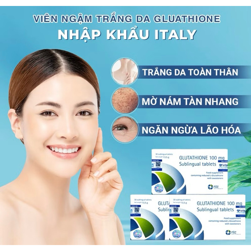 COMBO 3-5 HỘP) Viên Ngậm Trắng Da Dưới Lưỡi Glutathione 100mg Nhập Khẩu  Italy (Hộp 30 viên)