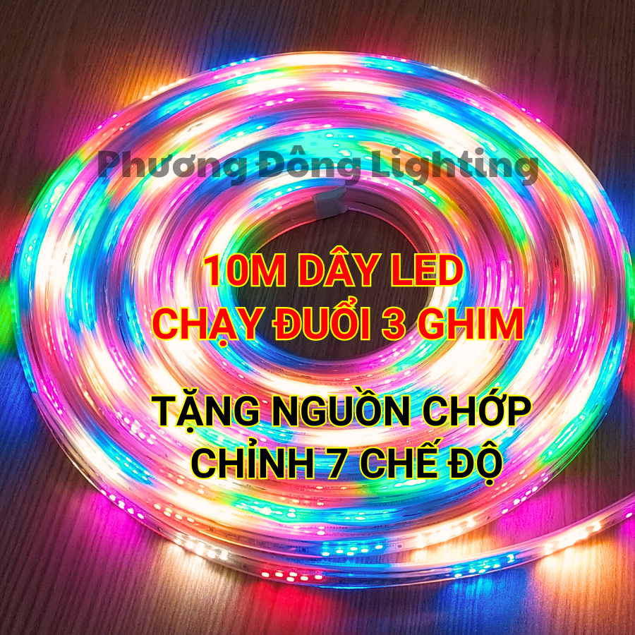 10M DÂY ĐÈN LED 3 GHIM CHẠY ĐUÔI 7 MÀU TẶNG NGUỒN CHỚP
