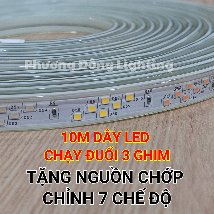 10M DÂY ĐÈN LED 3 GHIM CHẠY ĐUÔI 7 MÀU TẶNG NGUỒN CHỚP