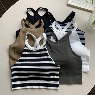 Áo bra cotton cổ dạng yếm hở lưng kèm mút đệm ngực hoạ tiết kẻ ngang 1181