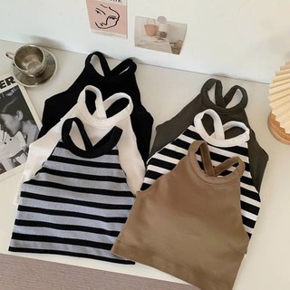 Áo bra cotton cổ dạng yếm hở lưng kèm mút đệm ngực hoạ tiết kẻ ngang 1181
