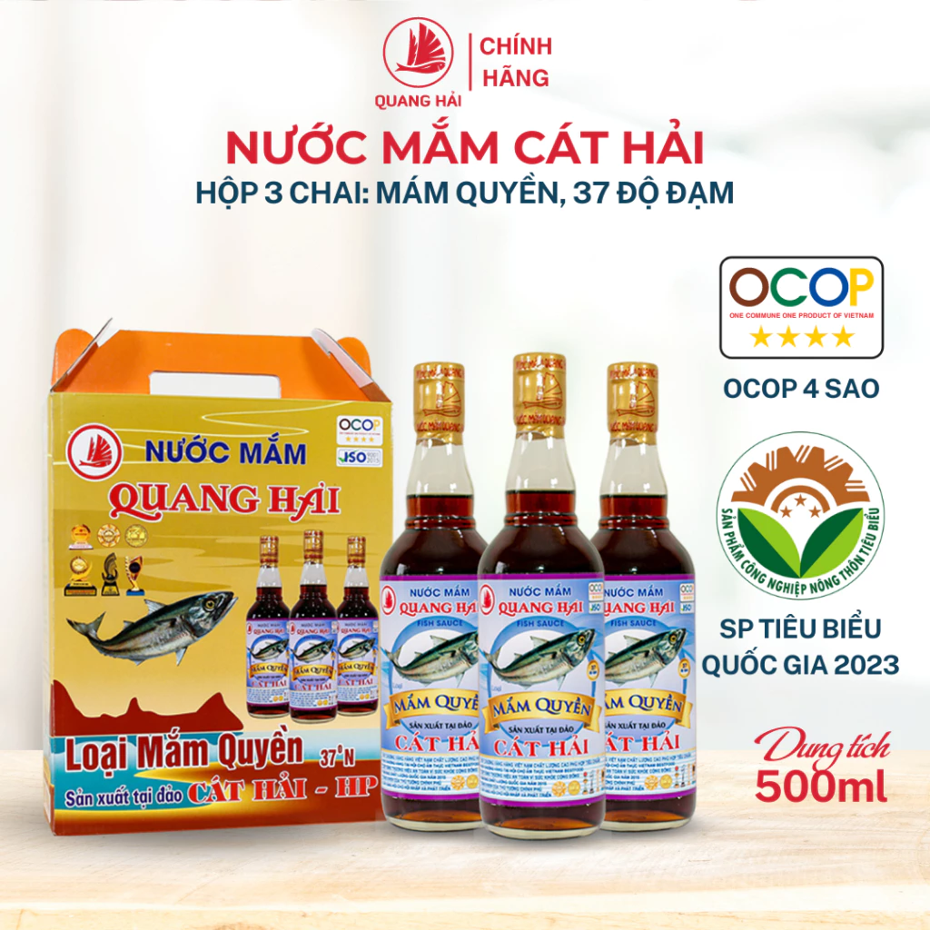 [Hộp 3 Chai] Nước Mắm Quyền Cát Hải - Quang Hải, 37 độ đạm, OCOP 4 Sao, Đậm Đà Hương Vị truyền Thống