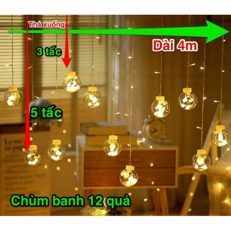 Dây Đèn LED chớp kiểu màn chùm banh 12 quả - Dây dài 4m - Trang trí Noel