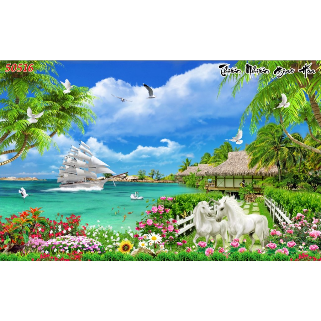 Tranh dán tường 3d vải lụa Thuận Buồm Xuôi Gió tranh phong thủy mang lại may mắn...