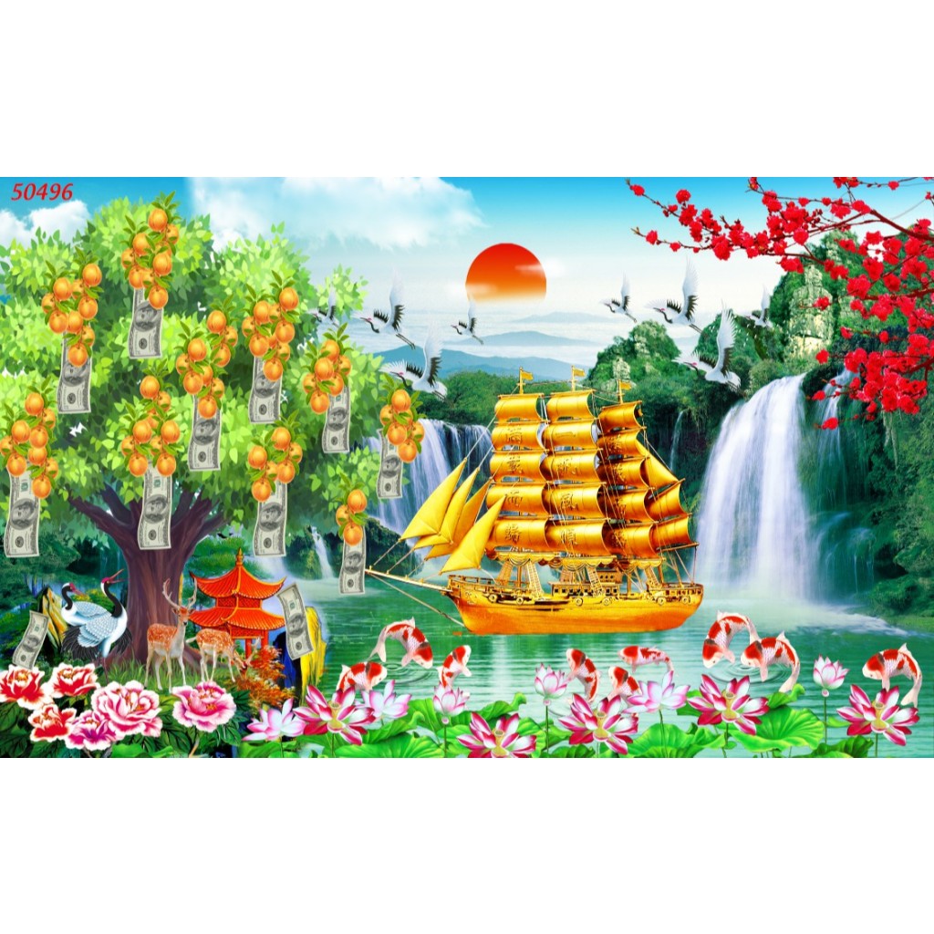 Tranh dán tường 3d vải lụa Thuận Buồm Xuôi Gió tranh phong thủy mang lại may mắn...