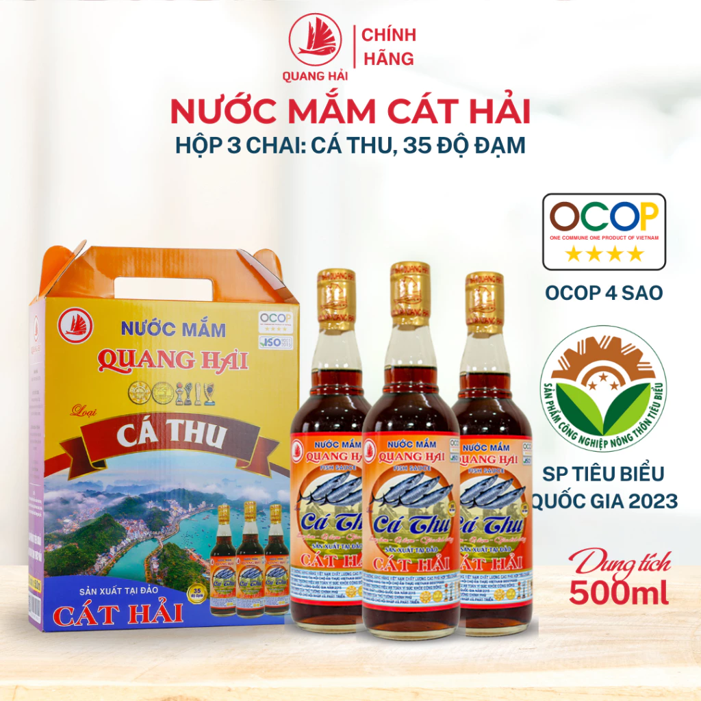 [Hộp 3 Chai] Nước Mắm Cá Thu Cát Hải - Quang Hải, 35 độ đạm, OCOP 4Sao, Đậm Đà Hương Vị truyền Thống