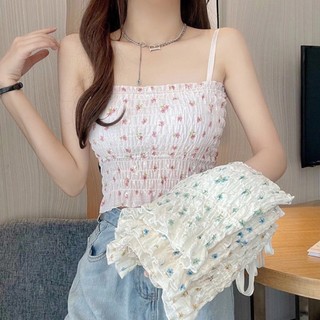 Áo bra vải voan nhún 2 dây dáng dài phối hoa nhí kèm mút đệm ngực 2050