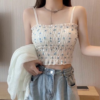 Áo bra vải voan nhún 2 dây dáng dài phối hoa nhí kèm mút đệm ngực 2050