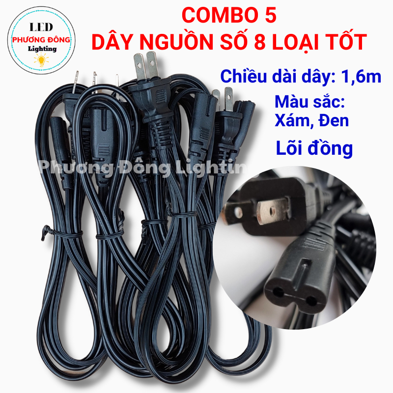 Combo 5 dây nguồn số 8 - Loại tốt - Dài 1,6m Màu Xám - Đen