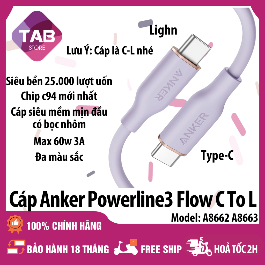Cáp Anker PowerLine 3 FLOW C To L A8662 A8663 - Bảo Hành 18 Tháng ...
