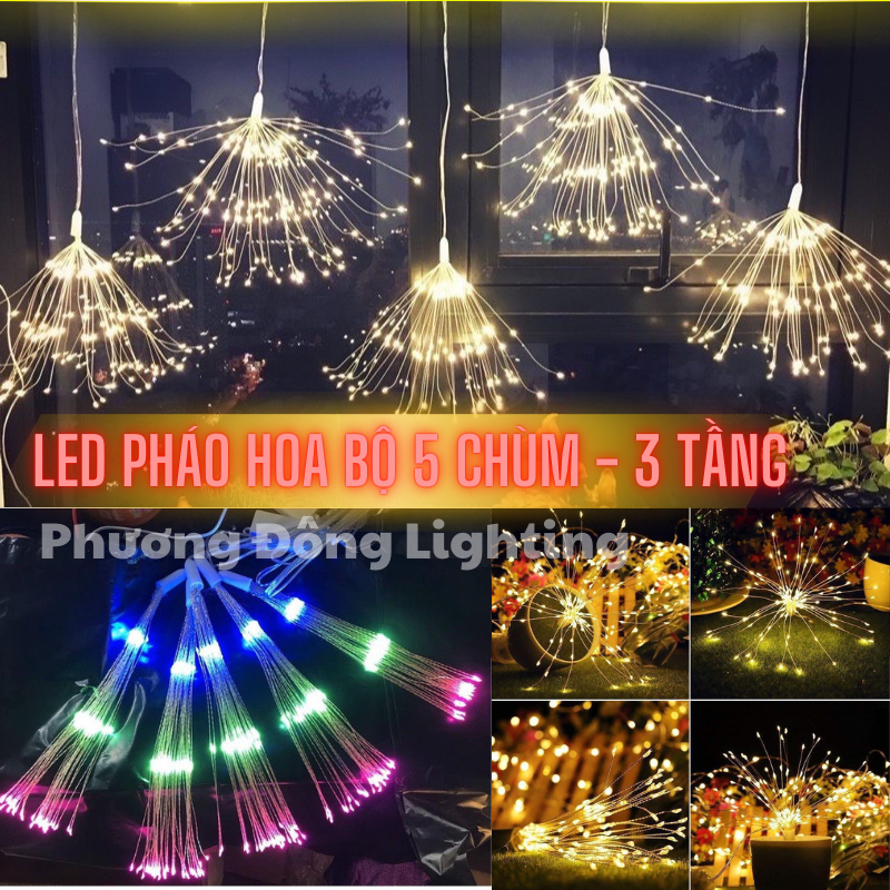 Dây Đèn LED Pháo Hoa 3 tầng - 5 Chùm Màu Vàng, Đủ Màu Trang trí Siêu Đẹp