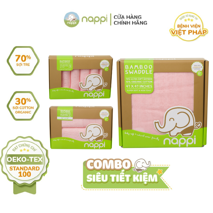 Ảnh COMBO 3 Mẫu Khăn sợi tre đa năng Nappi (Khăn sữa 30x30cm - Khăn đa năng 120x120cm - Khăn 77x77cm) 1