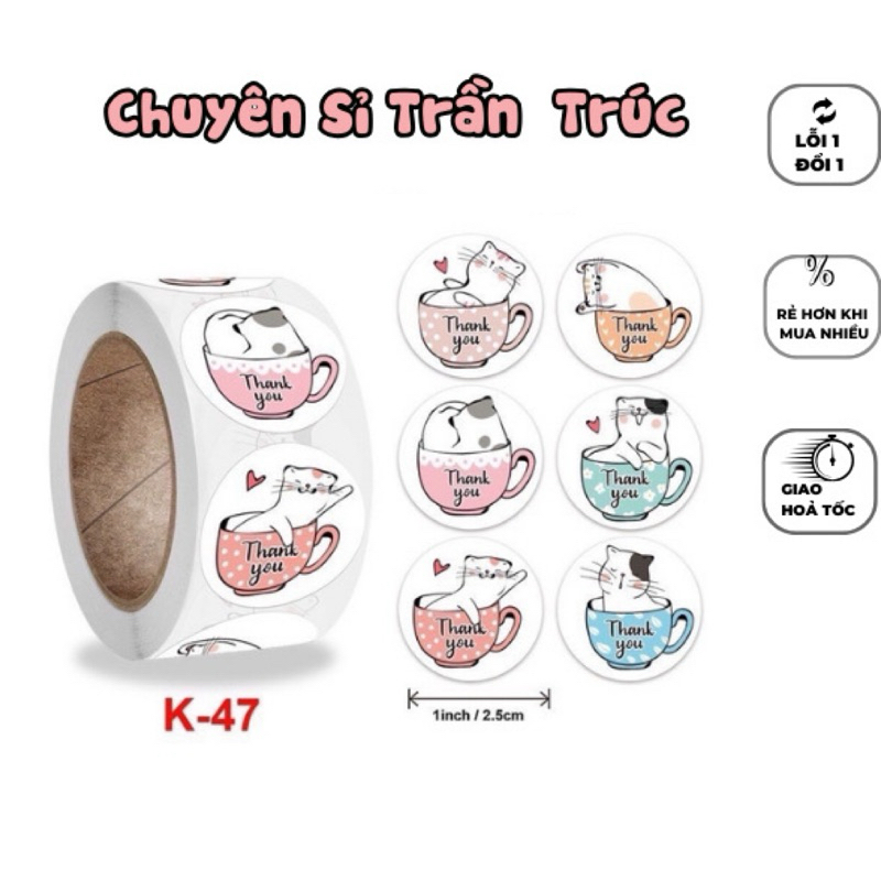 Cuộn 500 tem mèo ngồi trên cốc cute 2.5cm, sticker, tem thank you, tem ...