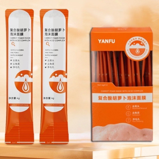 Mặt Nạ Sủi Bọt Thải Độc Cà Rốt YANFU Làm Sạch Bụi Bẩn, Mờ Thâm, Giảm Mụn Đầu Đen Hộp 12 gói MN01