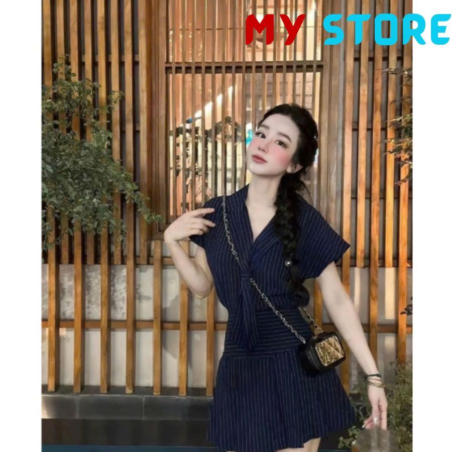 Set Bộ Đồ Nữ Xanh Than Kẻ Sọc Áo Thiết Kế Tay Hến Cổ Vest Mix Chân Váy Xếp Ly Dáng Ngắn