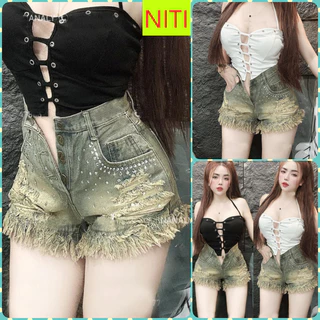 [SOGE1814] QUẦN SHORT JEANS ĐÙI NỮ LƯNG CAO ĐÍNH ĐÁ VIỀN TÚI NHIỀU RÁCH ĐÙI MÀU XANH VÀNG LAI TUA SIÊU HOT HIT
