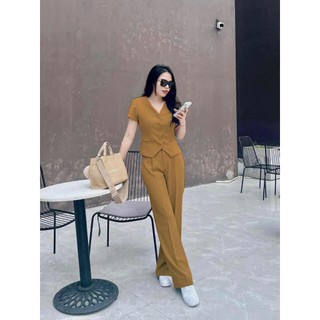 Set Áo GILE cổ V Gài Nút+ Quần Suông Lưng Cao Dài Nhíu EO Tôn Dáng