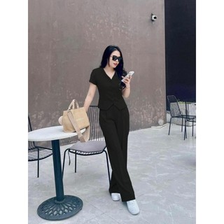 Set Áo GILE cổ V Gài Nút+ Quần Suông Lưng Cao Dài Nhíu EO Tôn Dáng