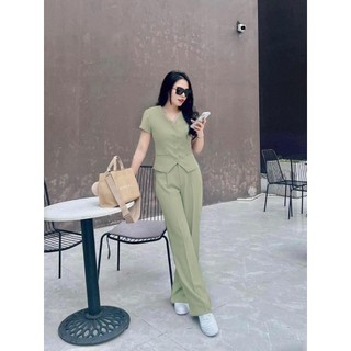 Set Áo GILE cổ V Gài Nút+ Quần Suông Lưng Cao Dài Nhíu EO Tôn Dáng