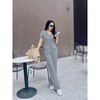 Set Áo GILE cổ V Gài Nút+ Quần Suông Lưng Cao Dài Nhíu EO Tôn Dáng